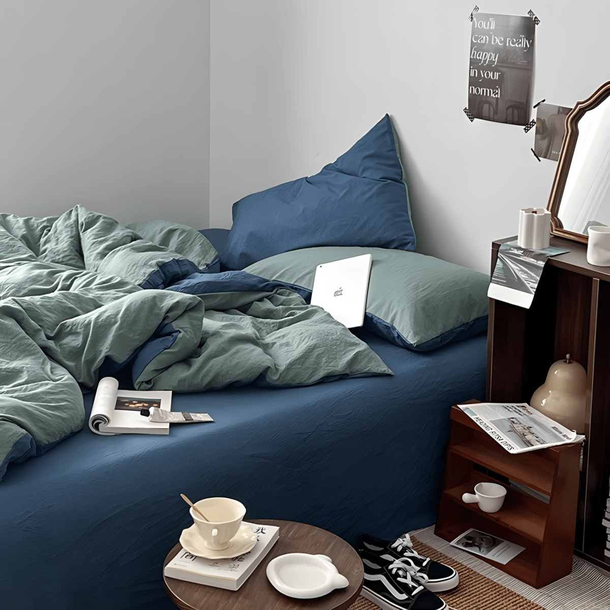Blue & Fresh Green Cotton Bedding Set