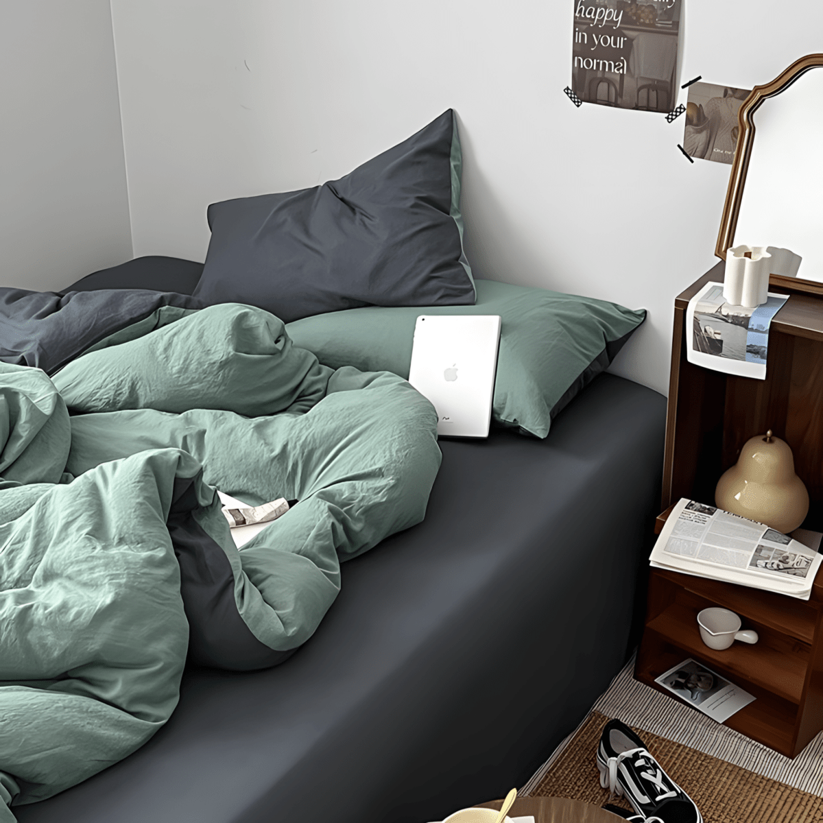 Blue & Soot Gray Cotton Bedding Set