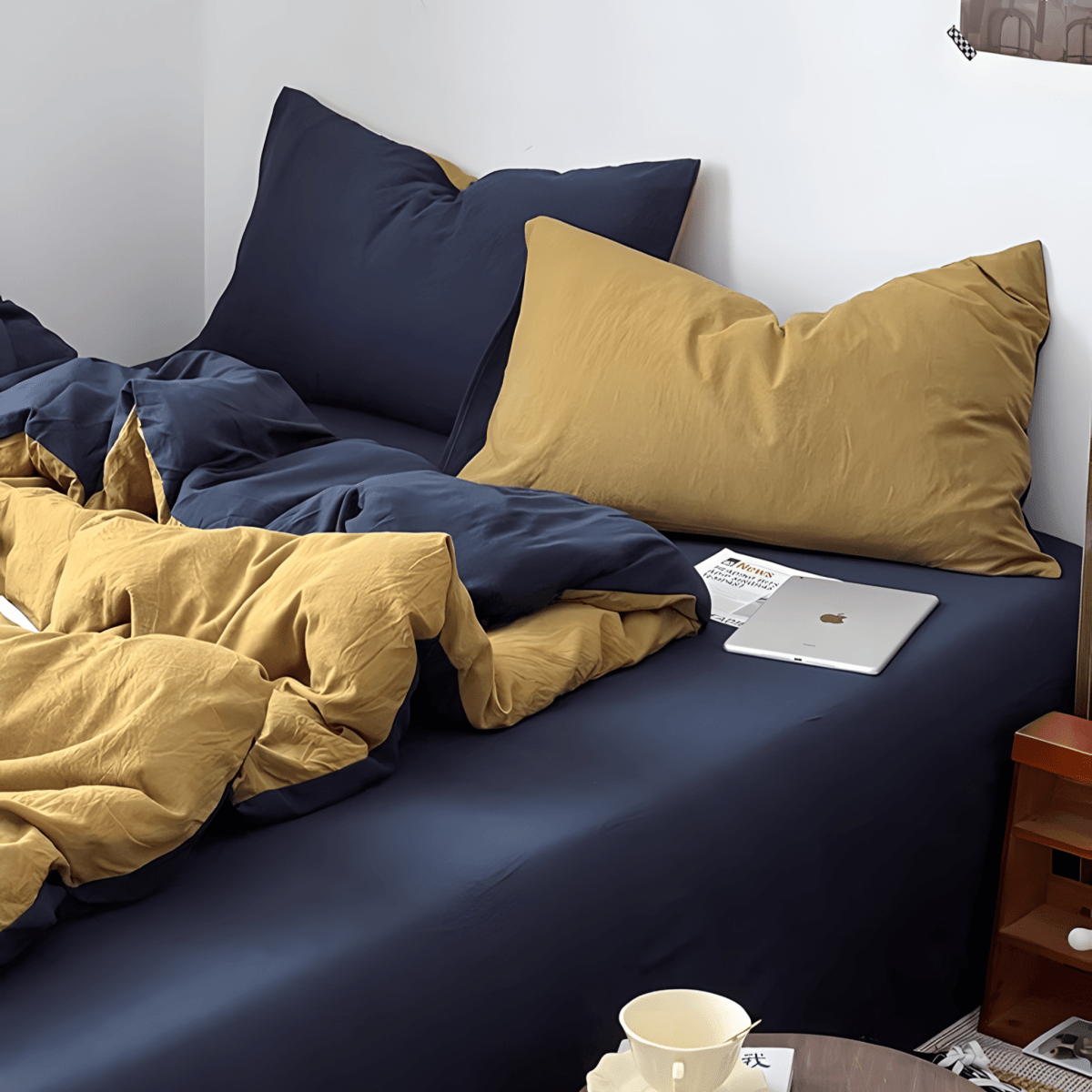 Blue & Mustard Yellow Cotton Bedding Set