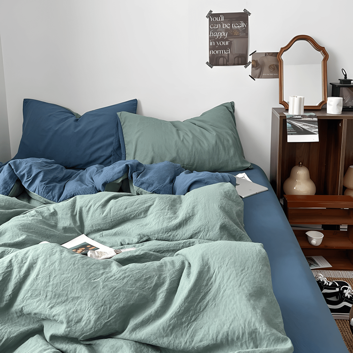 Green & Denim Blue Cotton Bedding Set