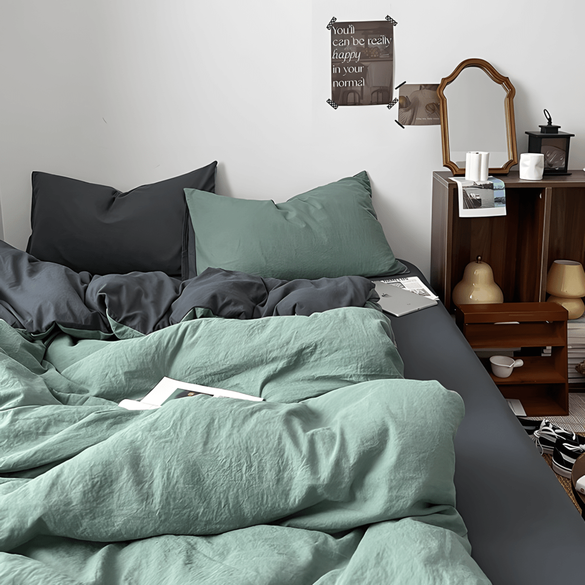 Green & Dark Gray Cotton Bedding Set