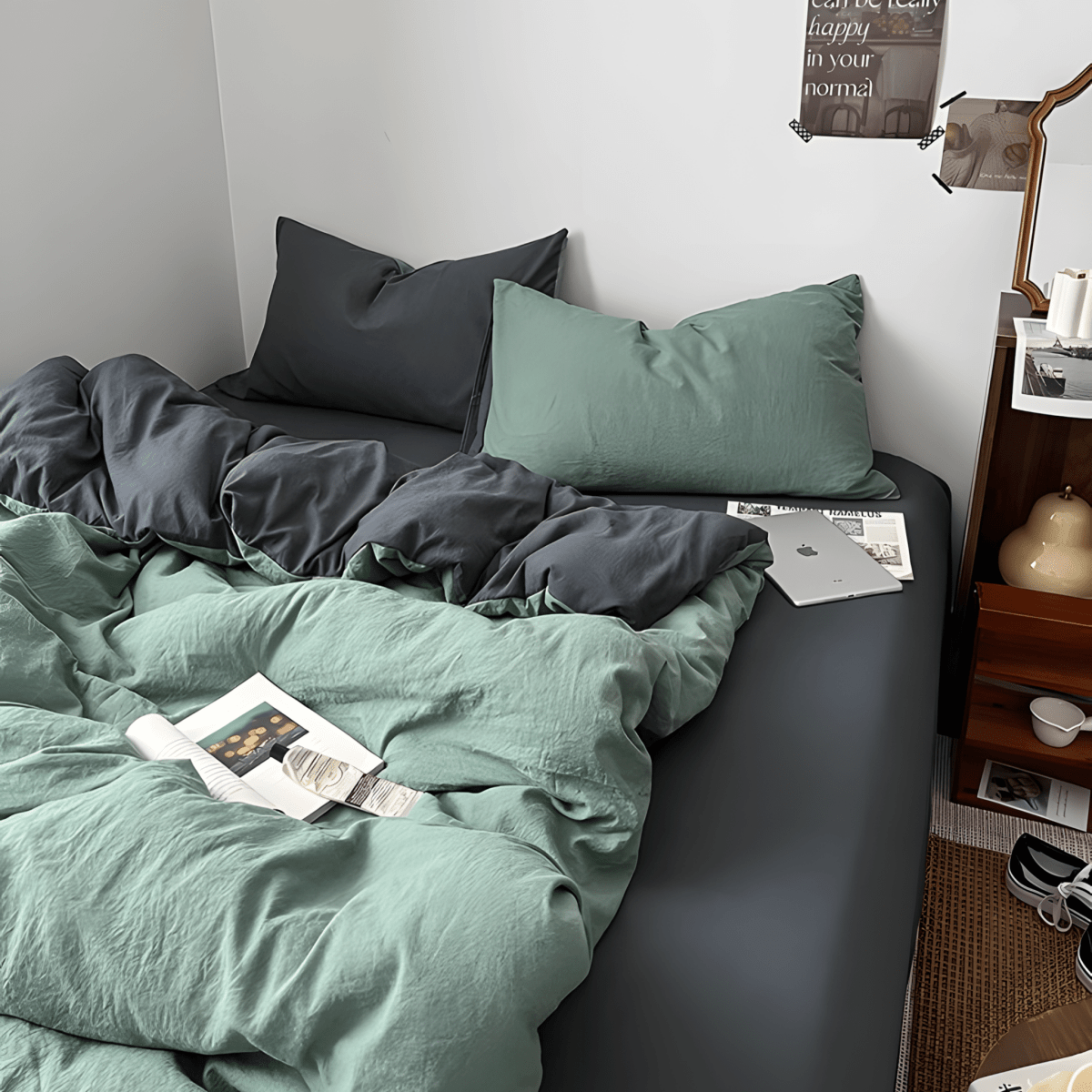 Two-Tone Cotton Bedding Set | Green Base with Contrast Options - WhisperLinens
