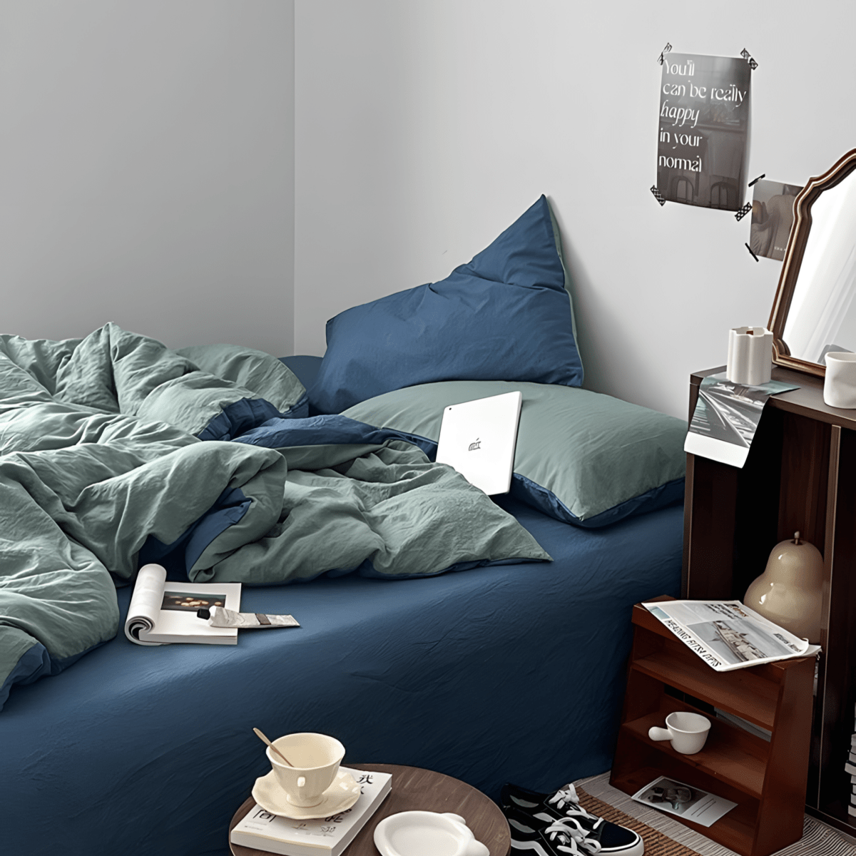 Two-Tone Cotton Bedding Set | Green Base with Contrast Options - WhisperLinens
