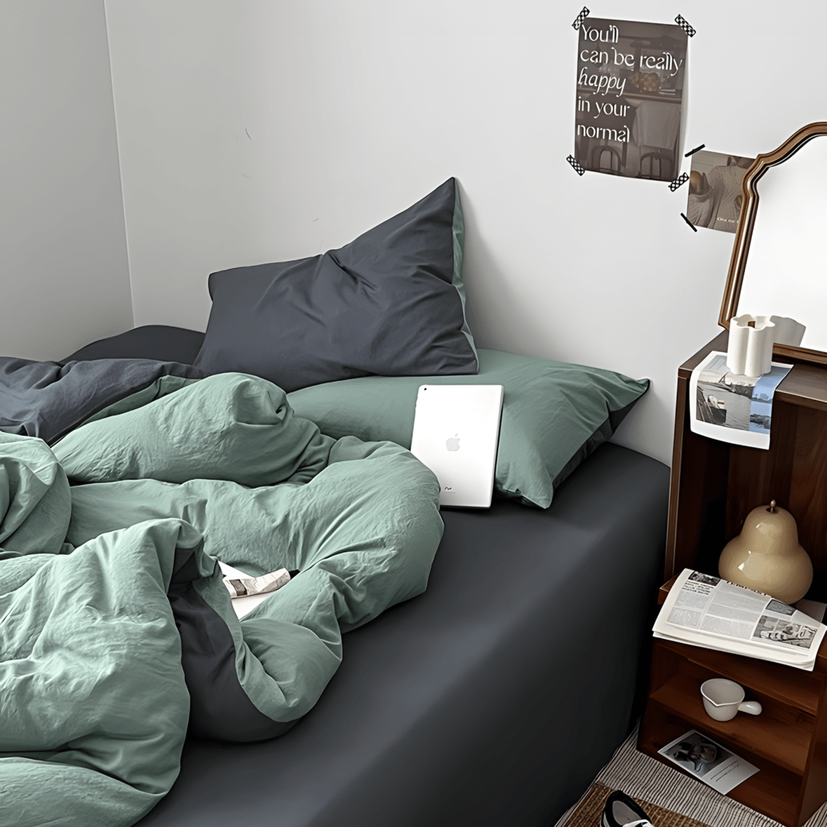 Green & Dark Gray Cotton Bedding Set