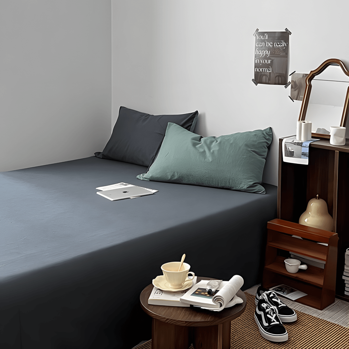 Green & Dark Gray Cotton Bedding Set