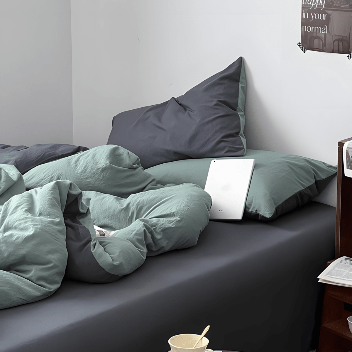 Green & Dark Gray Cotton Bedding Set