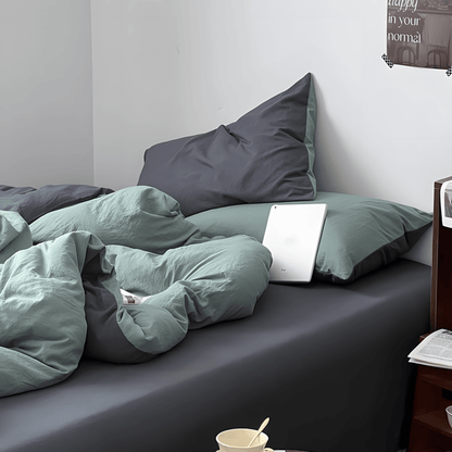 Green & Dark Gray Cotton Bedding Set