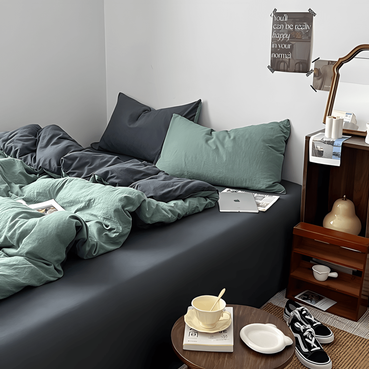 Green & Dark Gray Cotton Bedding Set