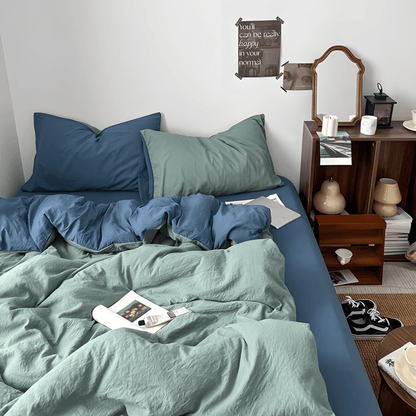 Two-Tone Cotton Bedding Set | Green Base with Contrast Options - WhisperLinens