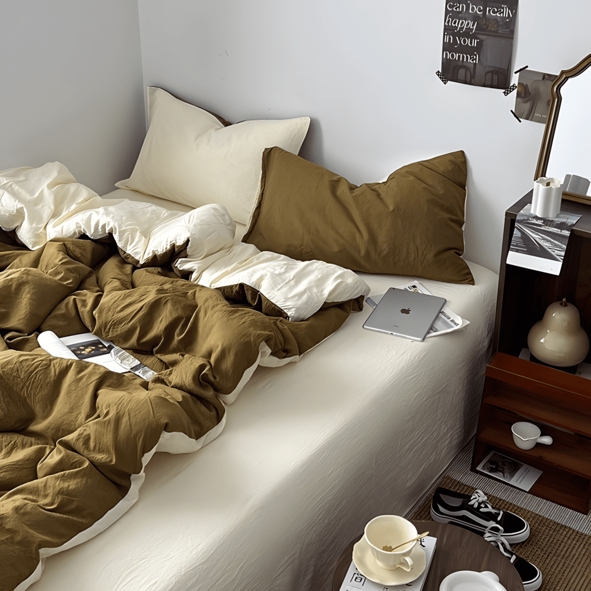 Green & Soft White Cotton Bedding Set
