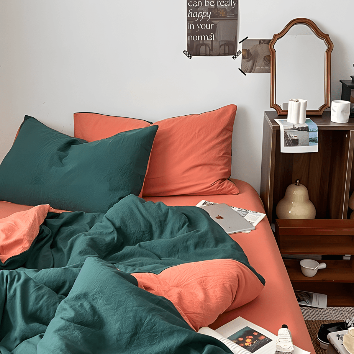 Two-Tone Cotton Bedding Set | Green Base with Contrast Options - WhisperLinens