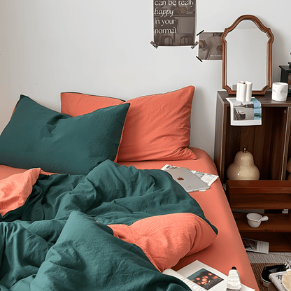 Two-Tone Cotton Bedding Set | Green Base with Contrast Options - WhisperLinens