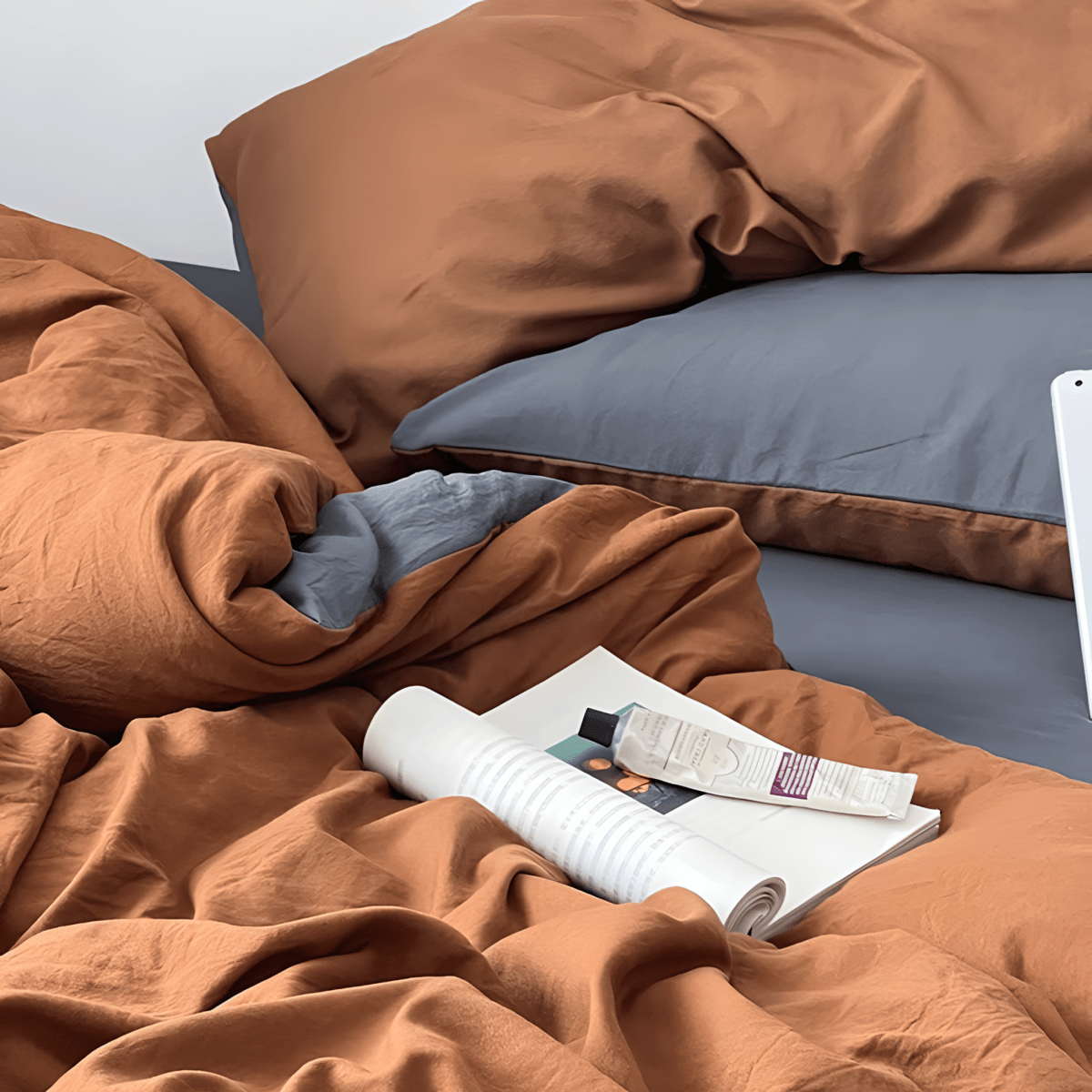 Rust Brown & Dark Gray Cotton Bedding Set