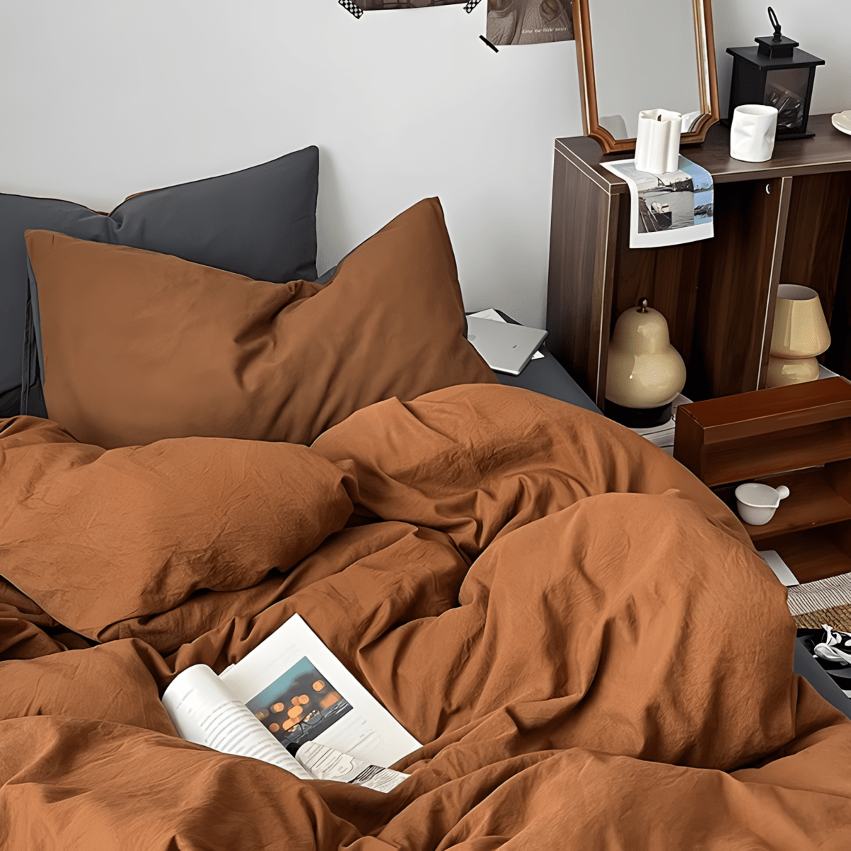 Rust Brown & Dark Gray Cotton Bedding Set