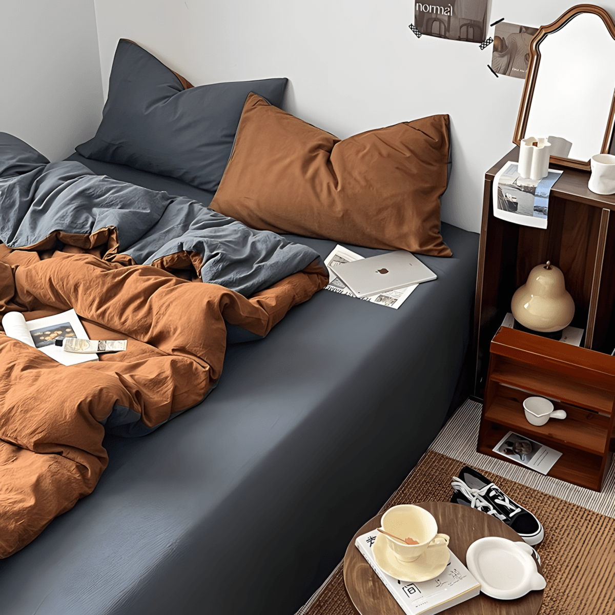 Rust Brown & Dark Gray Cotton Bedding Set