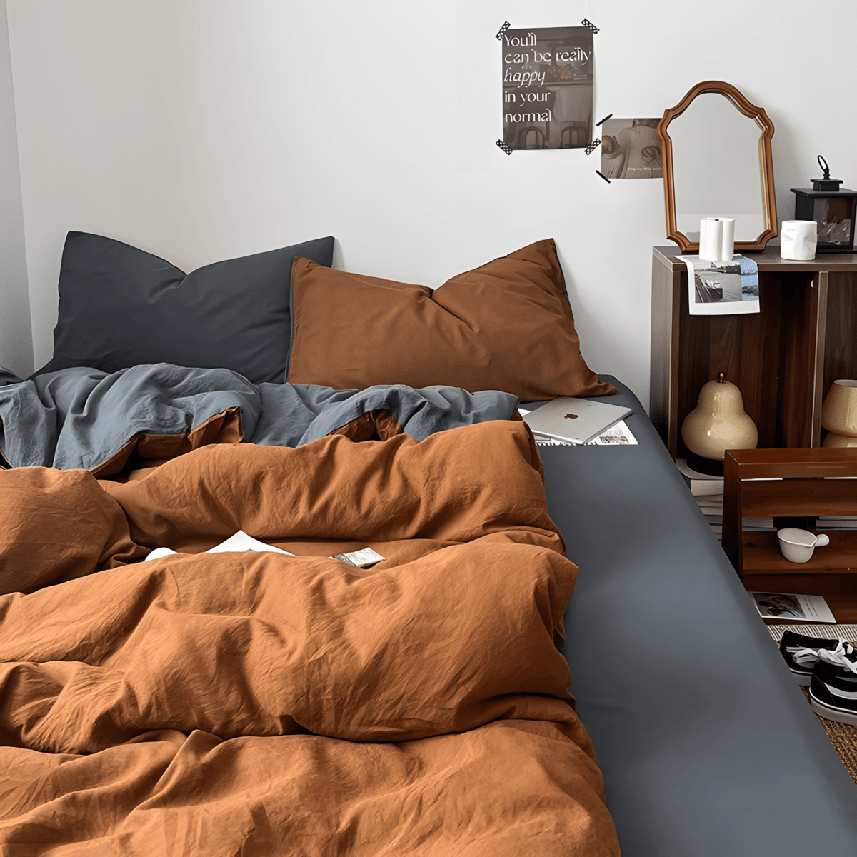 Rust Brown & Dark Gray Cotton Bedding Set