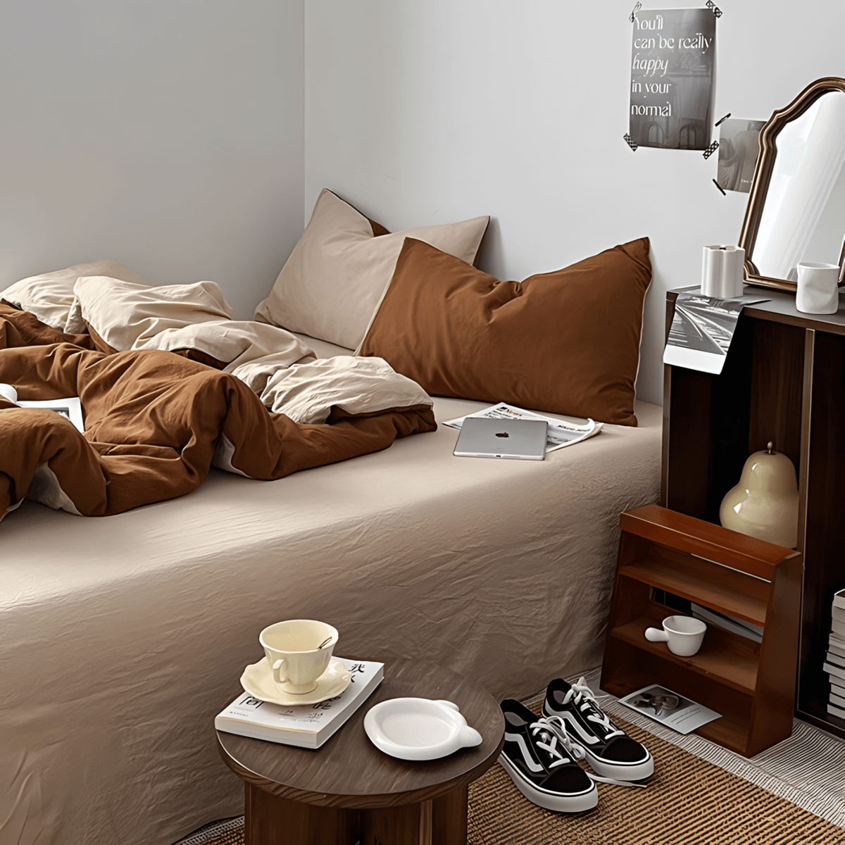Rust Brown & Milk Tea Cotton Bedding Set