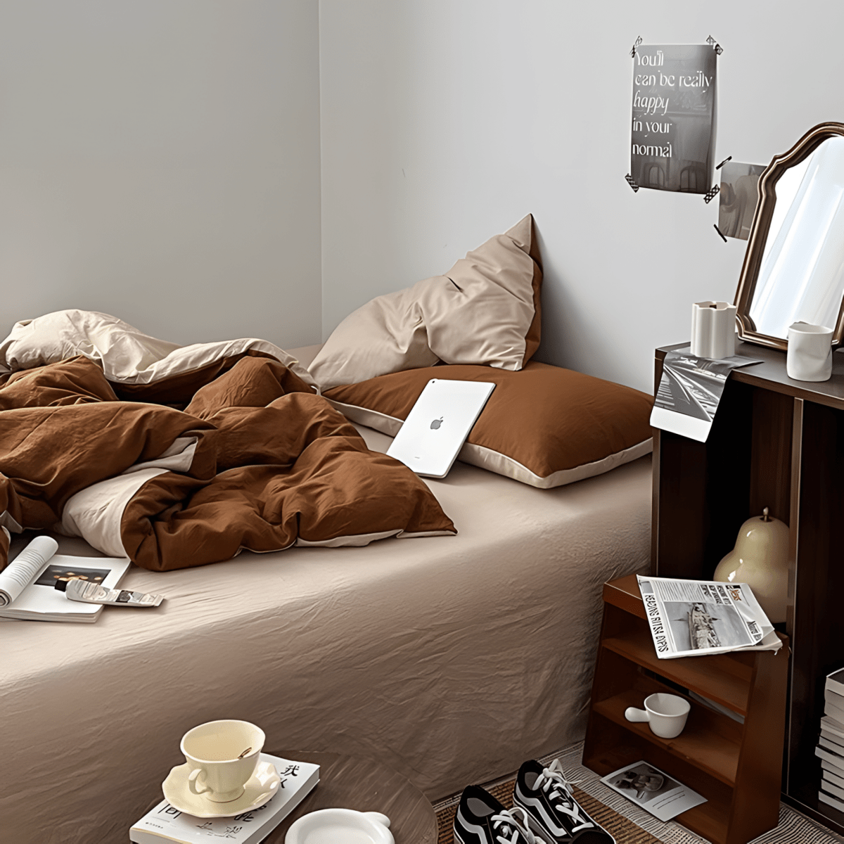 Rust Brown & Milk Tea Cotton Bedding Set