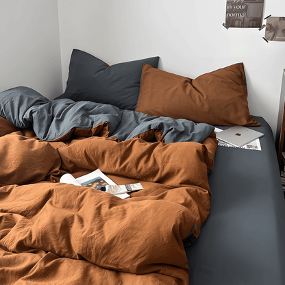 Rust Brown & Dark Gray Cotton Bedding Set