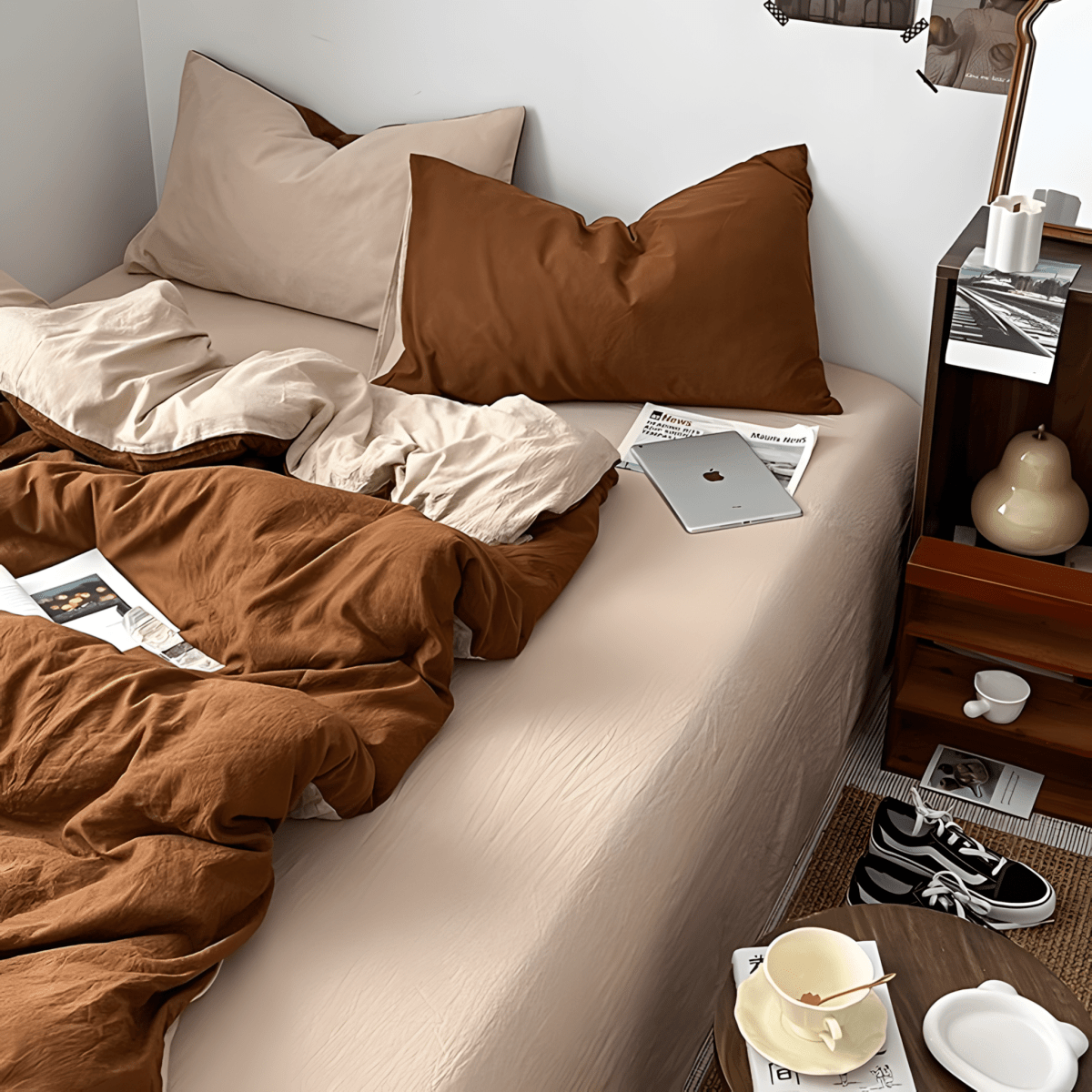 Rust Brown & Milk Tea Cotton Bedding Set
