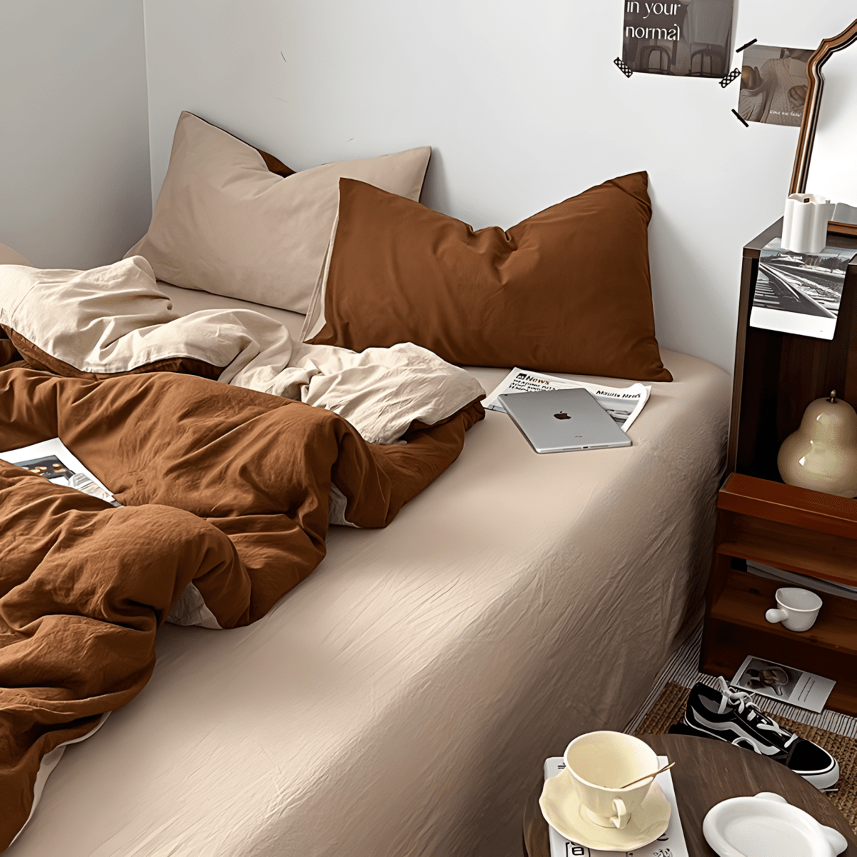 Rust Brown & Milk Tea Cotton Bedding Set