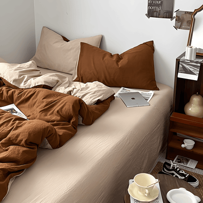 Rust Brown & Milk Tea Cotton Bedding Set