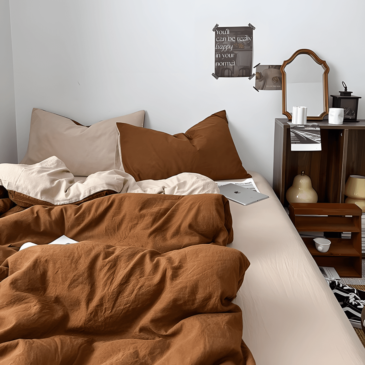 Rust Brown & Milk Tea Cotton Bedding Set