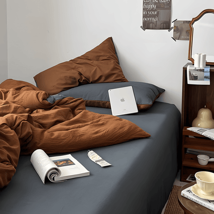 Rust Brown & Dark Gray Cotton Bedding Set