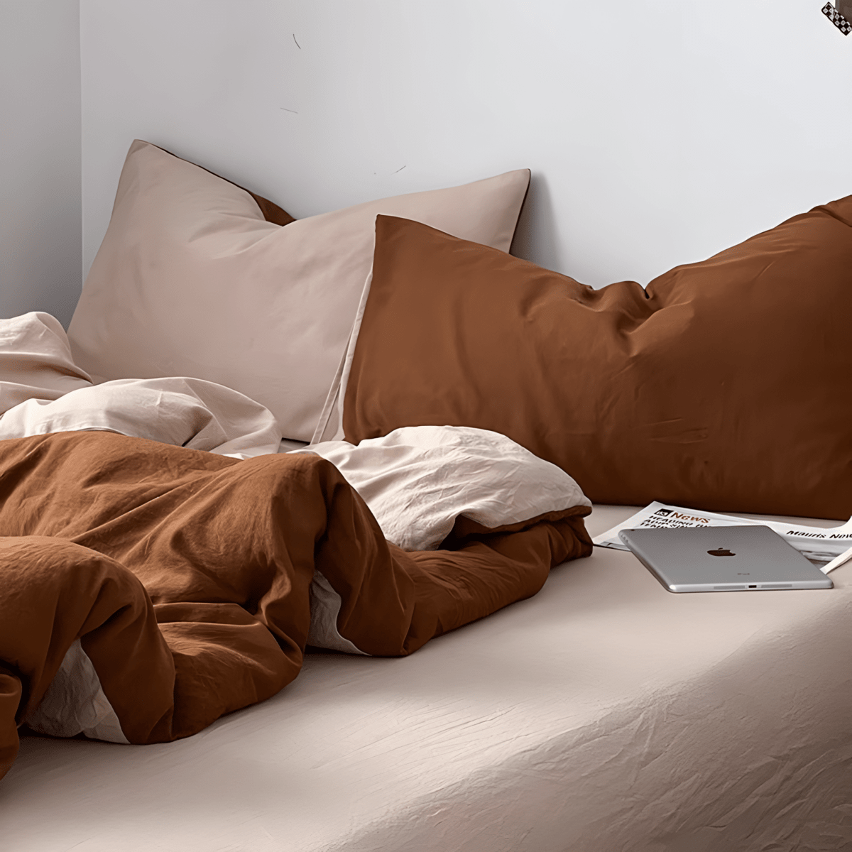Rust Brown & Milk Tea Cotton Bedding Set