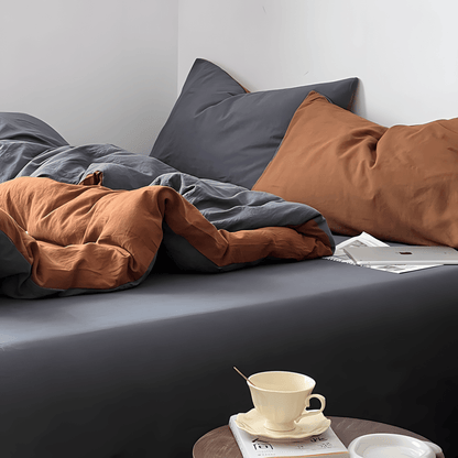 Rust Brown & Dark Gray Cotton Bedding Set