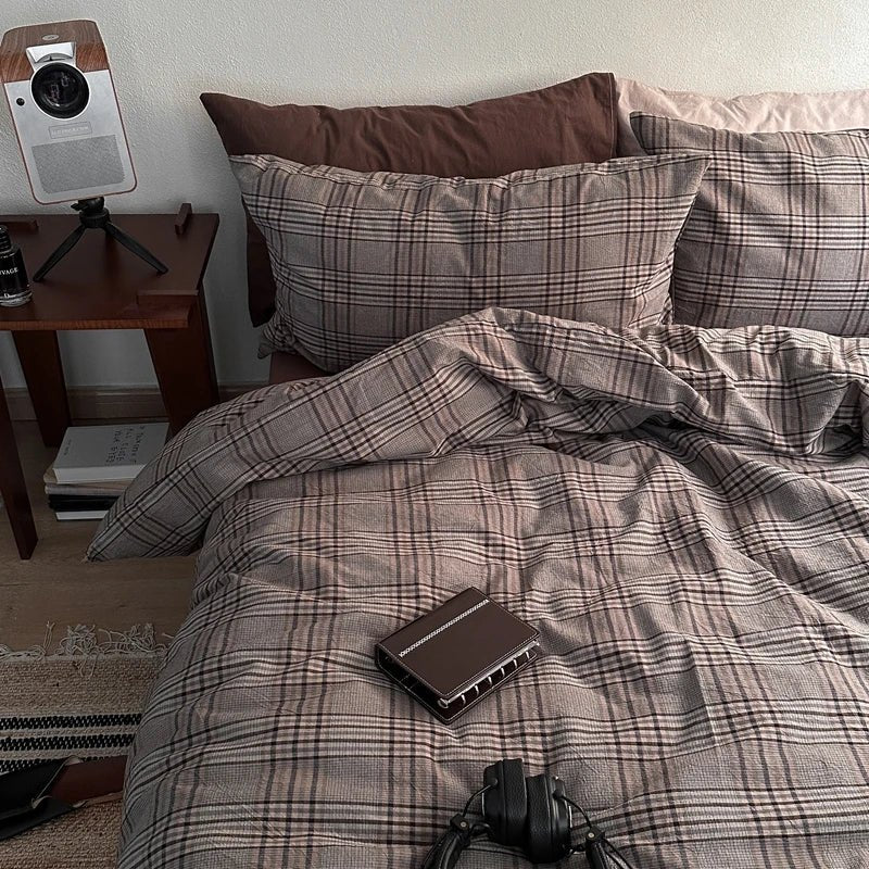 Vintage Brown Plaid Cotton Bedding Set - WhisperLinens