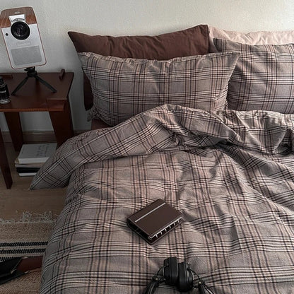 Vintage Brown Plaid Cotton Bedding Set - WhisperLinens