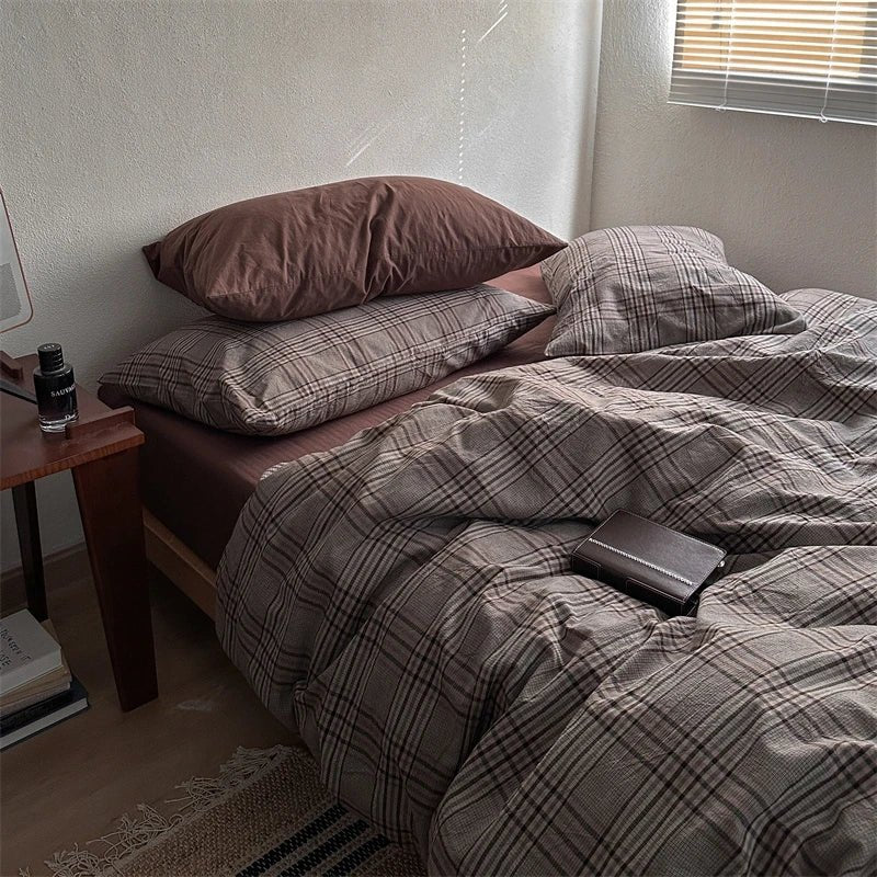 Vintage Brown Plaid Cotton Bedding Set - WhisperLinens