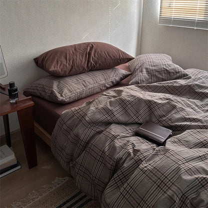 Vintage Brown Plaid Cotton Bedding Set - WhisperLinens