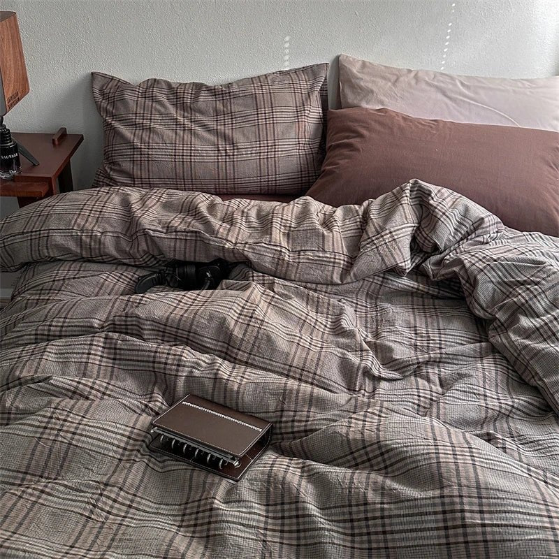 Vintage Brown Plaid Cotton Bedding Set - WhisperLinens