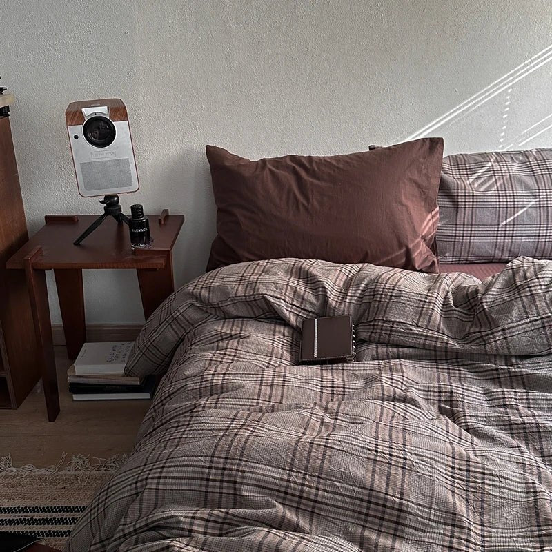 Vintage Brown Plaid Cotton Bedding Set - WhisperLinens