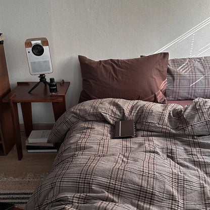 Vintage Brown Plaid Cotton Bedding Set - WhisperLinens
