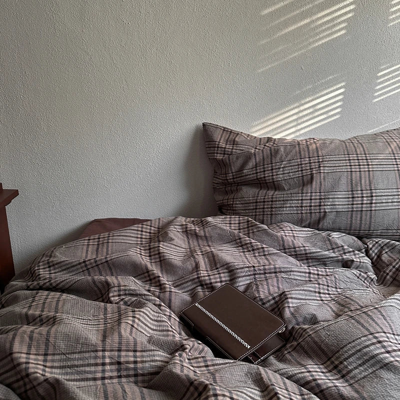 Vintage Brown Plaid Cotton Bedding Set - WhisperLinens