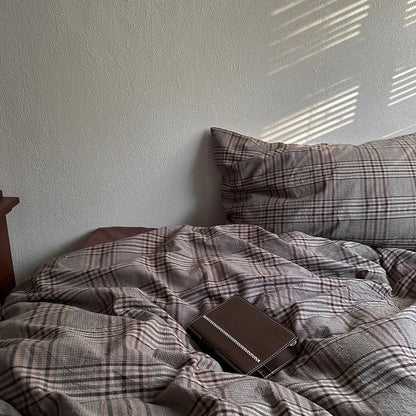 Vintage Brown Plaid Cotton Bedding Set - WhisperLinens