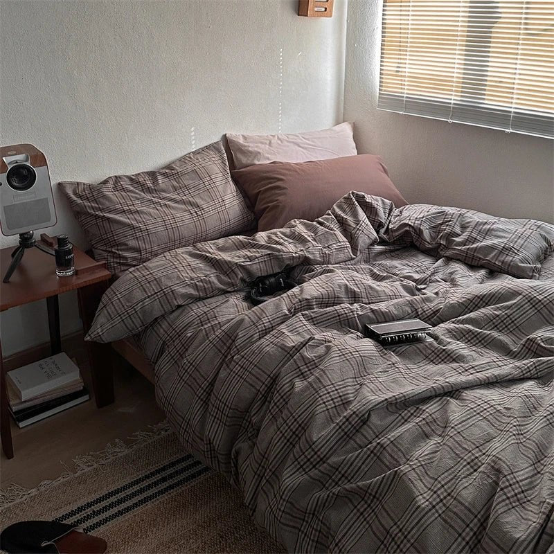 Vintage Brown Plaid Cotton Bedding Set - WhisperLinens