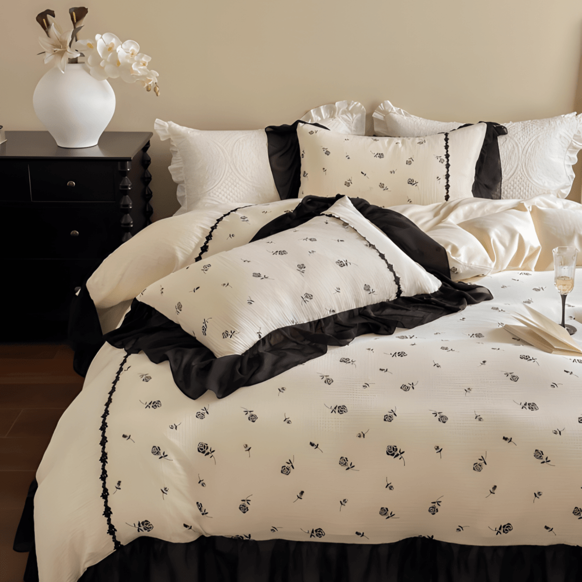 Vintage Noir Floral Cotton Bedding Set – Black & Cream - WhisperLinens