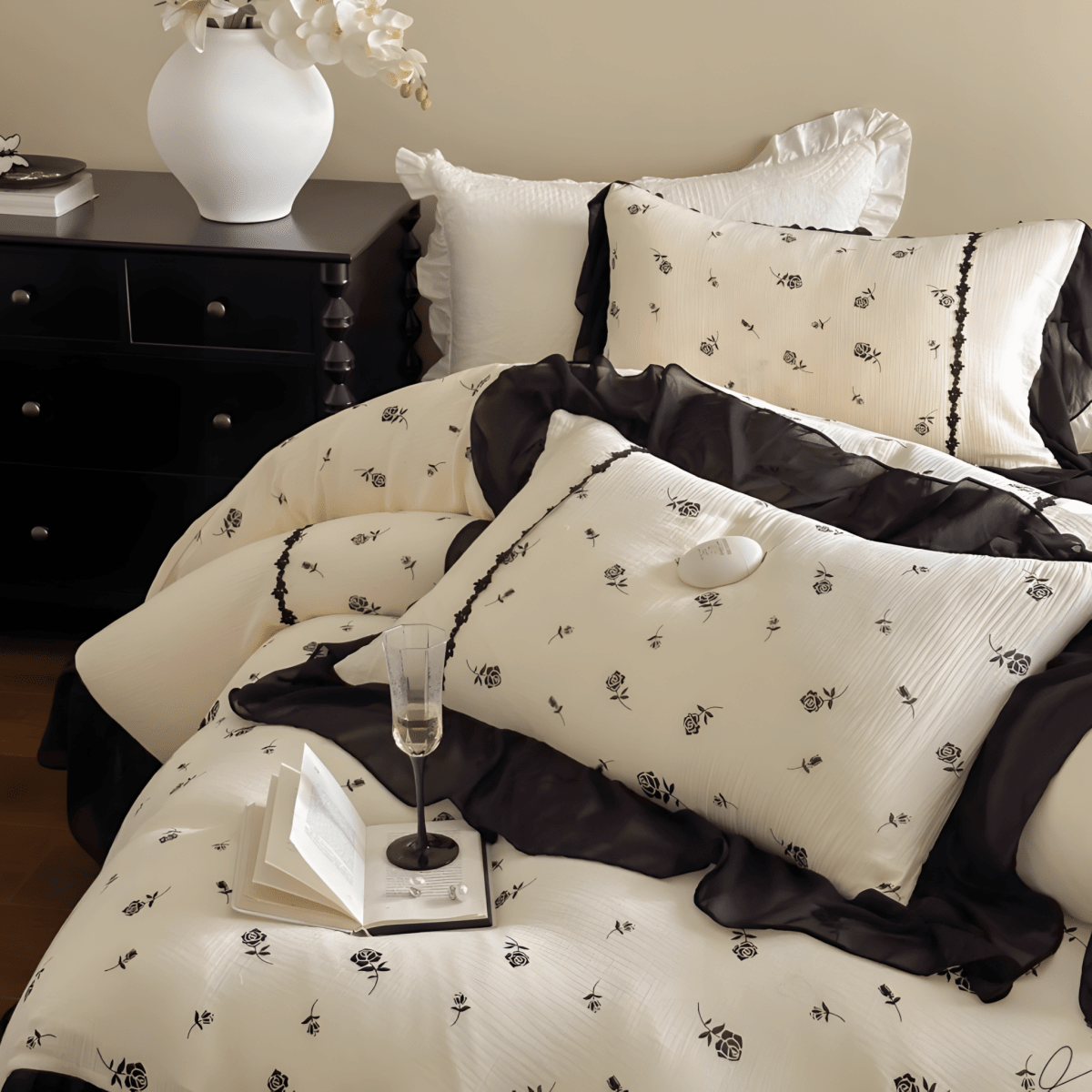 Vintage Noir Floral Cotton Bedding Set – Black & Cream - WhisperLinens