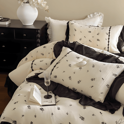 Vintage Noir Floral Cotton Bedding Set – Black & Cream - WhisperLinens