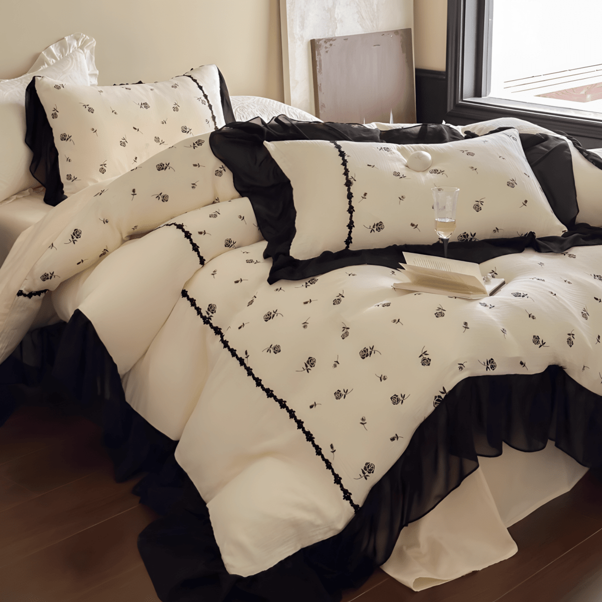 Vintage Noir Floral Cotton Bedding Set – Black & Cream - WhisperLinens