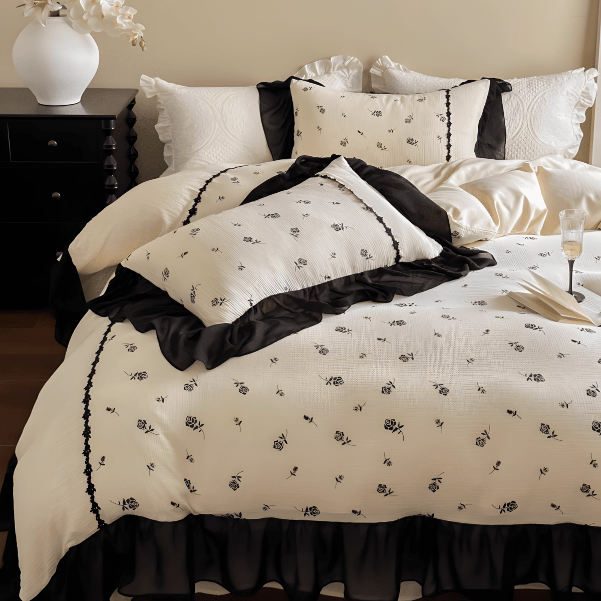 Vintage Noir Floral Cotton Bedding Set – Black & Cream - WhisperLinens