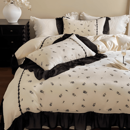 Vintage Noir Floral Cotton Bedding Set – Black & Cream - WhisperLinens