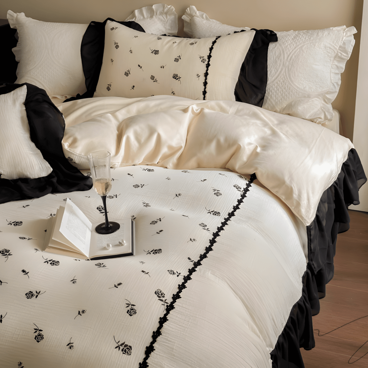 Vintage Noir Floral Cotton Bedding Set – Black & Cream - WhisperLinens