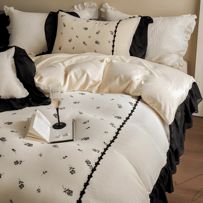 Vintage Noir Floral Cotton Bedding Set – Black & Cream - WhisperLinens