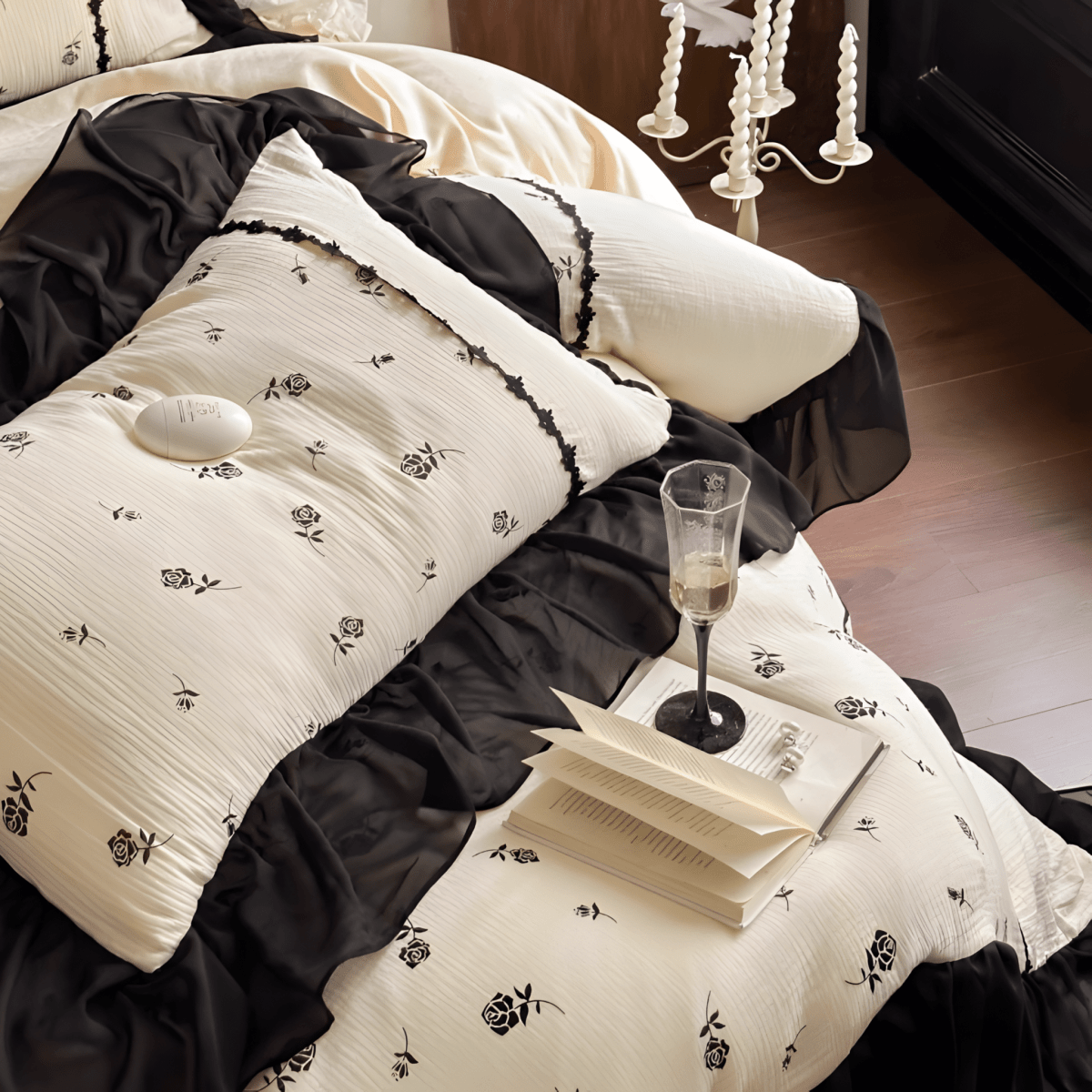 Vintage Noir Floral Cotton Bedding Set – Black & Cream - WhisperLinens