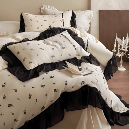 Vintage Noir Floral Cotton Bedding Set – Black & Cream - WhisperLinens